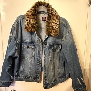 Boom Boom Jeans Blue Denim Jacket with Leopard Print Collar